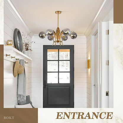 BOKT Gold Sputnik Chandelier Mid Century Smoky Gray Glass Chandelier Light Leaf 6-Light Adjustable Ceiling Hanging Light Fixture Globe LED Pendant Lighting for Kitchen Living Room Hallway Bedroom