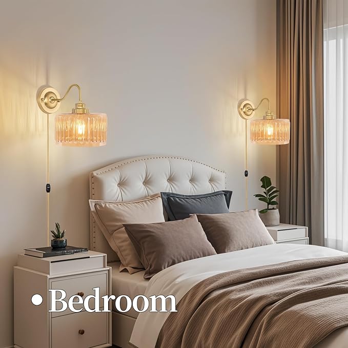 ZECOXOL Vintage Plug in Wall Sconces,Dimmable Wall Sconces of Two,Wall Lamps with Plug in Cord & Flower Glass Lampshade,Gold Sconces Wall Decor Set of 2 Wall Lights Sconces for Bedroom