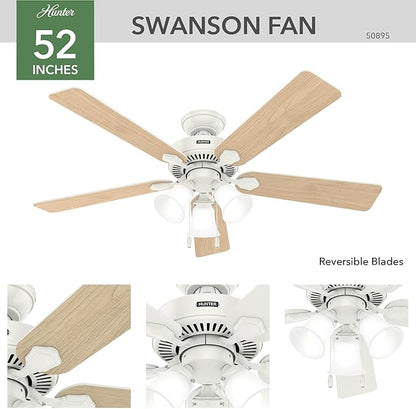 Hunter 52 inch Indoor Ceiling Fan with LED Lights - White Ceiling Fan with Pull Chain, For Bedroom, Living Room, or Kitchen, Standard Mount, No Remote, 5 Blades - Swanson 50895, Fresh White