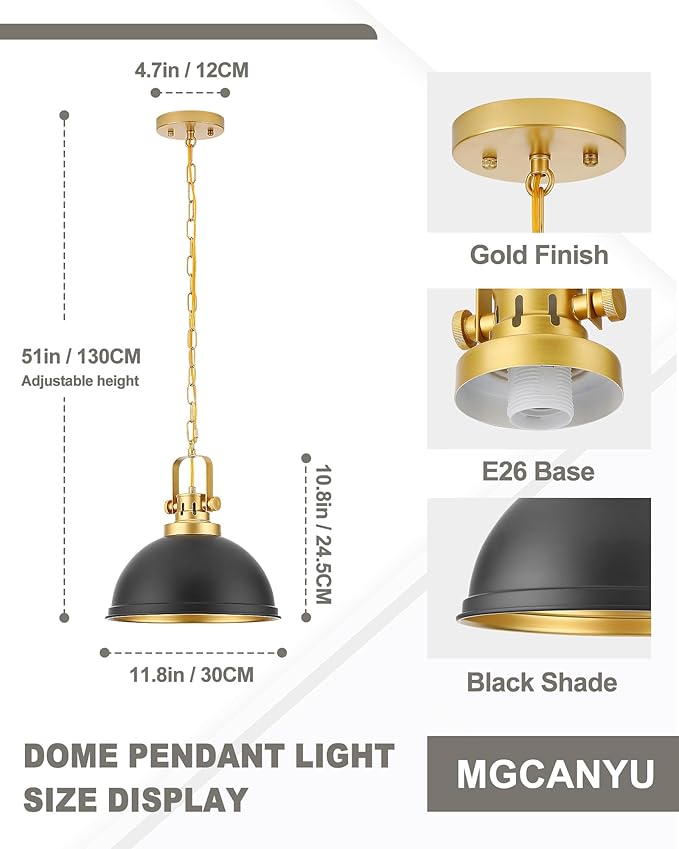 Black and Gold Pendant Lights Kitchen Island, 11.8 Modern Dome Pendant Lighting with Adjustable Chain Gold Metal Hanging Light Fixture for Kitchen Dining Room Restaurant Entrance Foyer Sink