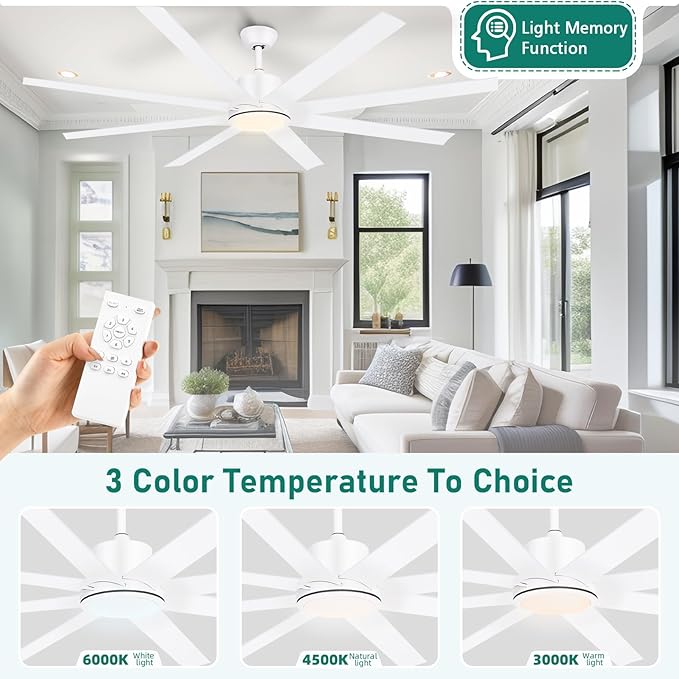 YITAHOME 72 Inch Ceiling Fans with Lights and Remote Control for Indoor, Reversible Quiet DC Motor, 8 Blades with 6 Speed, Modern Ceiling Fans for Living Room -White