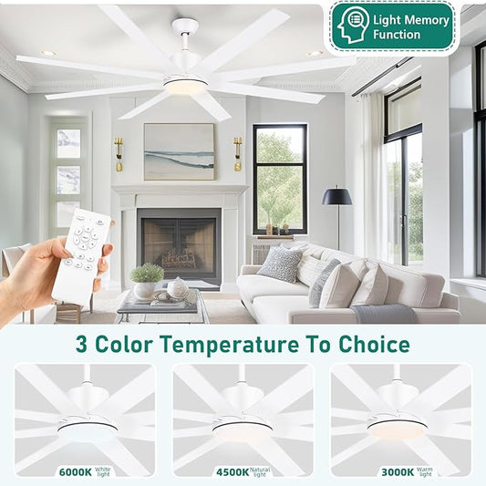 YITAHOME 72 Inch Ceiling Fans with Lights and Remote Control for Indoor, Reversible Quiet DC Motor, 8 Blades with 6 Speed, Modern Ceiling Fans for Living Room -White
