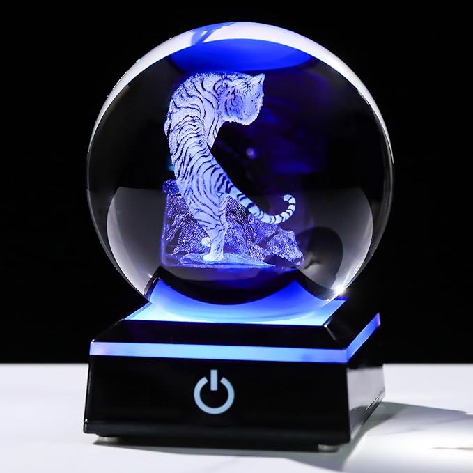 Arikyrist 3D Tiger Crystal Ball Figurine with Colorful Light Base, Tiger Gifts for Women Men on Christmas Birthday, Laser Engraved Tiger Collectible Globe Glass Decorative Ball for Home Office (80mm)