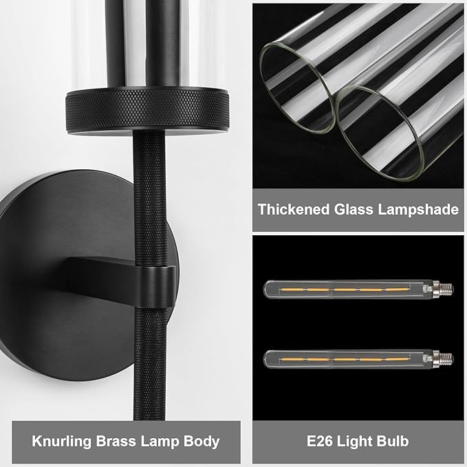 Black Wall Sconce, 19.48'' Brushed Brass Knurled Bathroom Sconces Wall Lighting Vanity Light with Clear Glass, Indoor Wall Mount Light for Living Room Mirror Bedroom Stairs