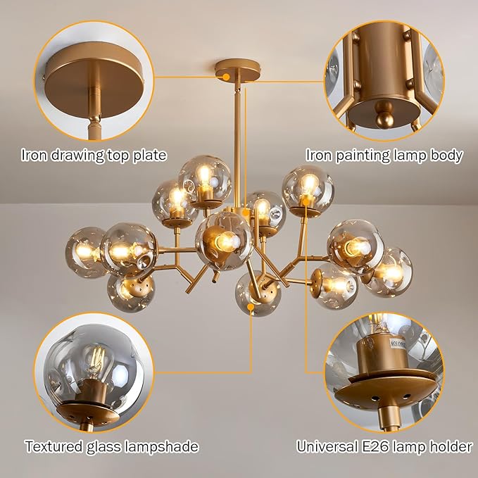UOFUS 12-Light Glass Globe Sputnik Chandelier Mid-Century Modern Matte Gold Ceiling Light Fixture Vintage Hanging Pendant Light for Bedroom Living Room Kitchen Farmhouse Dining Room
