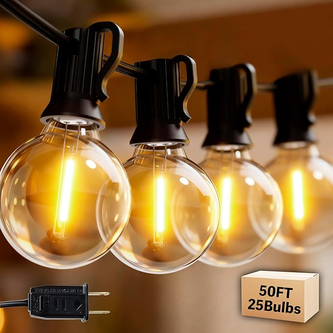 Outdoor String Lights 50FT with 25+2 G40 LED Bulbs, Shatterproof & Waterproof Patio Lights, Connectable Globe String Lights for Backyard Porch Deck Bistro Garden Party