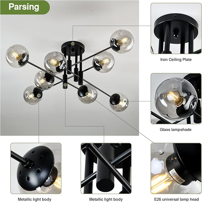 8 Light Glass Globe Ceiling Light Black Mid Century Flush Mount Sputnik Light Fixture Bubble Chandelier Living Room Farmhouse for Dining Room Kitchen Bedroom.