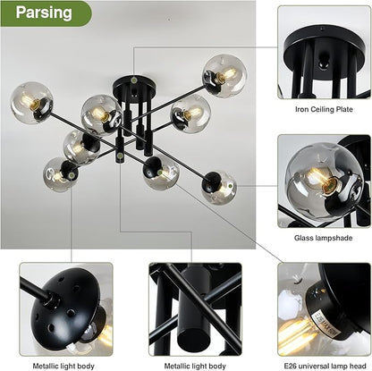 8 Light Glass Globe Ceiling Light Black Mid Century Flush Mount Sputnik Light Fixture Bubble Chandelier Living Room Farmhouse for Dining Room Kitchen Bedroom.