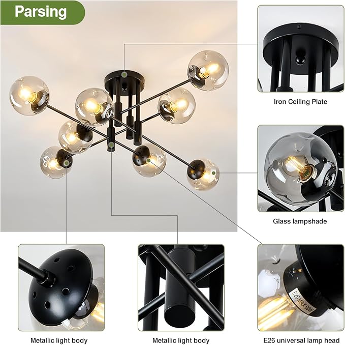 8 Light Glass Globe Ceiling Light Black Mid Century Flush Mount Sputnik Light Fixture Bubble Chandelier Living Room Farmhouse for Dining Room Kitchen Bedroom.