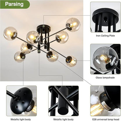8 Light Glass Globe Ceiling Light Black Mid Century Flush Mount Sputnik Light Fixture Bubble Chandelier Living Room Farmhouse for Dining Room Kitchen Bedroom.