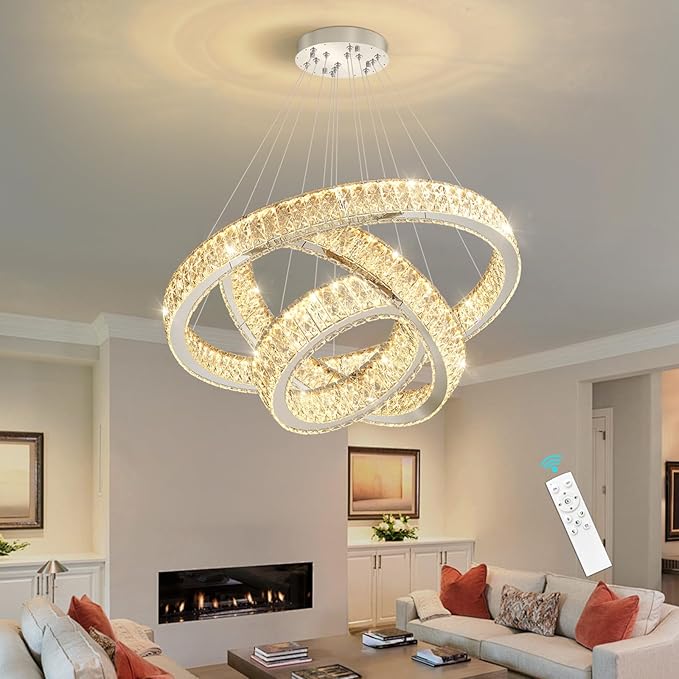Modern Crystal Chandelier 55W Dimmable LED Chandeliers with Remote Luxury Height Adjustable Pendant Lighting for Living Room Dining Room Silver