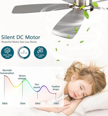 Ayaoty 52 Inch Low Profile Ceiling Fans with Lights and Remote, Flush Mount Modern Ceiling Fan, 3CCT Dimmable DC Ceiling Fan for Bedroom, Living Room, Brushed Nickel