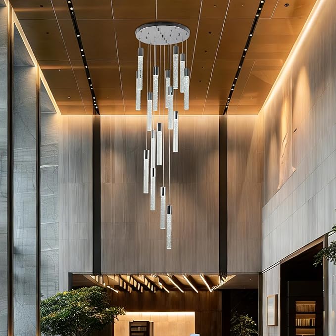 16-Light Chrome Bubble Crystal Chandelier Cool White Spiral Staircase Pendant for High Ceilings Sloped Ceiling Compatible Canopy Adjustable Hanging Height Grand Foyer Entryway