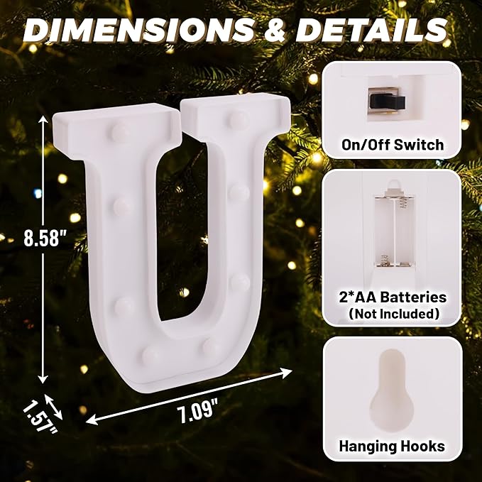 LED Light Up Marquee Letters, Battery Powered Decorative LED Letter Lights, Alphabet Light Up Letters for Wedding Birthday Party,Holiday Lamp or Home Bar Decoration (Letter U)