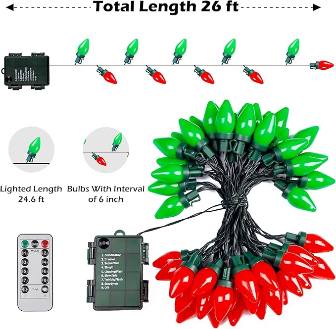 RECESKY C7 Bulbs Christmas String Lights with Remote - 50 LED 26ft Battery String Lights - Fairy Christmas Lighting for Patio Decor Eave Roofline Holiday Festival Christmas Eve Decorations - Red Green