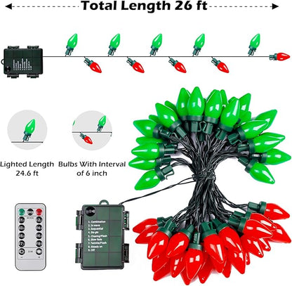 RECESKY C7 Bulbs Christmas String Lights with Remote - 50 LED 26ft Battery String Lights - Fairy Christmas Lighting for Patio Decor Eave Roofline Holiday Festival Christmas Eve Decorations - Red Green