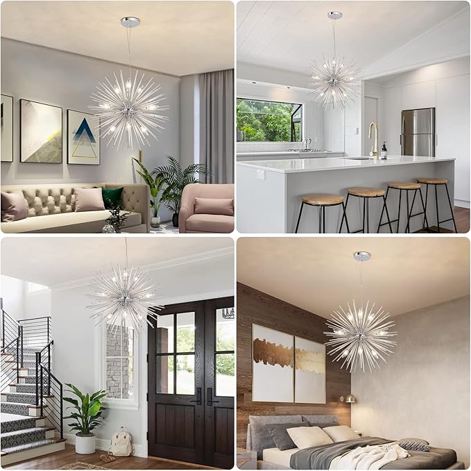 Modern Chrome Sputnik Chandeliers, 9-Light Satellite Pendant Light fixtures, Starburst Firework Ceiling Lights for Bedroom Living Room Dining Room Kitchen Island Hallway, E12 Socket(Dia:19.7'')