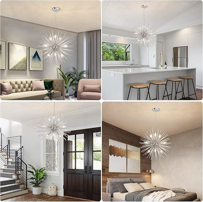 Modern Chrome Sputnik Chandeliers, 9-Light Satellite Pendant Light fixtures, Starburst Firework Ceiling Lights for Bedroom Living Room Dining Room Kitchen Island Hallway, E12 Socket(Dia:19.7'')