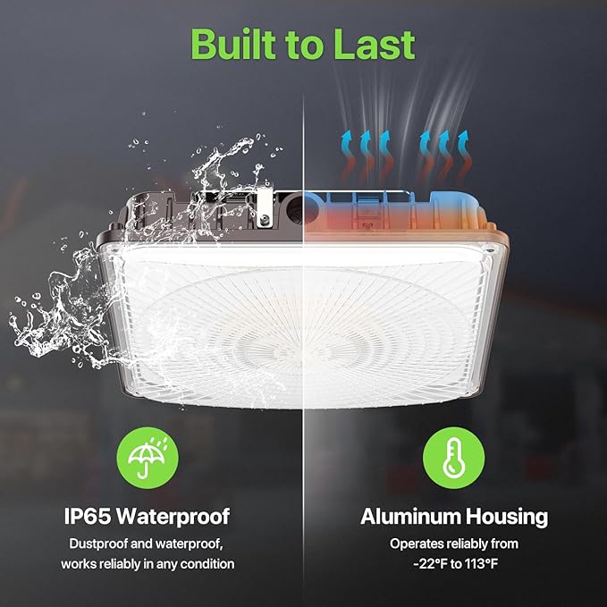 Glitgate LED Canopy Light Outdoor - 60W/45W/30W Adjustable Commercial Canopy Lights, 3CCT Selectable 3000K/4000K/5000K, 110/120V IP65 Waterproof Ceiling Mount Light for Garage, Carport, Gas Station