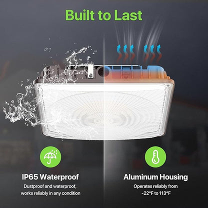 Glitgate LED Canopy Light Outdoor - 60W/45W/30W Adjustable Commercial Canopy Lights, 3CCT Selectable 3000K/4000K/5000K, 110/120V IP65 Waterproof Ceiling Mount Light for Garage, Carport, Gas Station