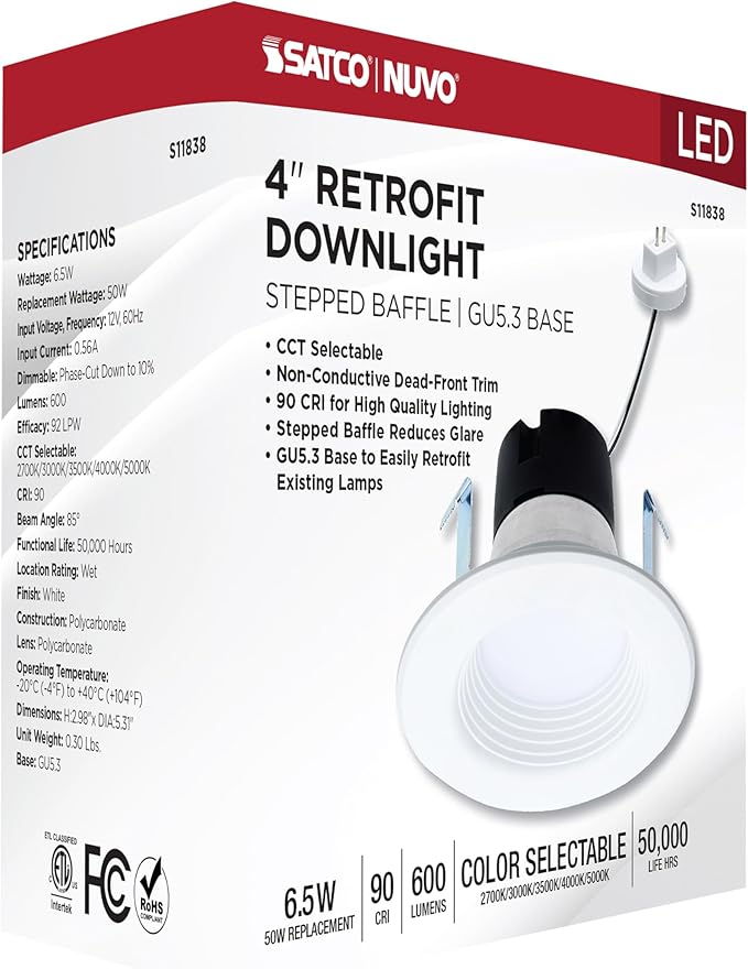 Satco S11838 6.5W LED Downlight Retrofit, 4 in. Stepped Baffle, CCT 2700K-5000K Warm White to Natural Light, 600 Lumens, Matte White, 12V, 50W Inc. Eq. Wet Location, cETLus Classified, RoHS