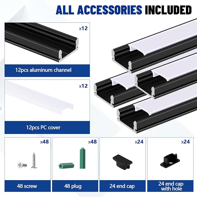Glooglitter 12 Pack 3.3ft Pre-drilled Countersunk Hole LED Channel Diffuser U Light Strip Aluminum Track with Cover Screw End Cap Easy Cut Tight Flush Mounted Cabinet Tape Light Strip(Black)