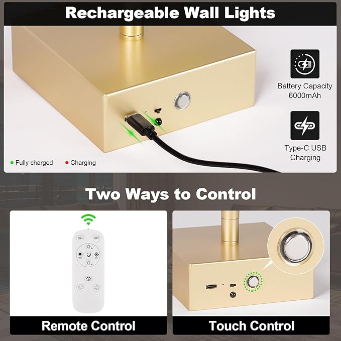 Battery Operated Wall Sconce, 5CCT Dimmable Gold Wall Lights with Remote Control, Timable LED Wireless Wall Sconces, 350° Ratate for Bathroom, Living Room, Hallway 39.4 Inch 1 Pack