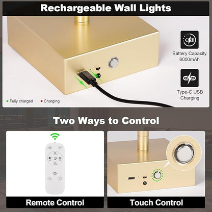 Battery Operated Wall Sconce, 5CCT Dimmable Gold Wall Lights with Remote Control, Timable LED Wireless Wall Sconces, 350° Ratate for Bathroom, Living Room, Hallway 39.4 Inch 1 Pack
