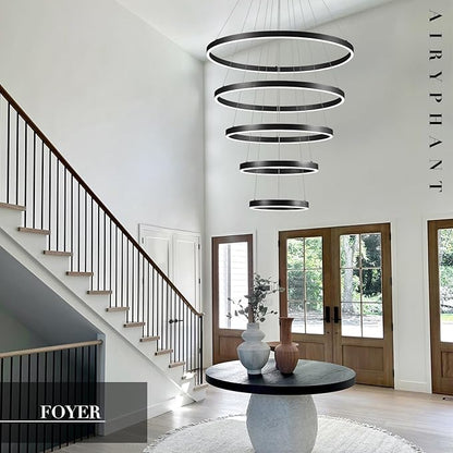 5-Ring Chandelier Black Modern LED Chandeliers High Ceiling 31" Large Foyer Chandelier Entryway Dimmable Pendant Light Fixture for Living Room Staircase, 3000K-6500K
