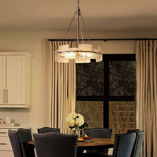 XINGQI Modern Farmhouse Chandelier 6-Light Silver Glass Drum Chandeliers 19.7" Height Adjustable Water Ripple Rustic Pendant Lighting Fixture for Dining Room Living Room Kitchen Island