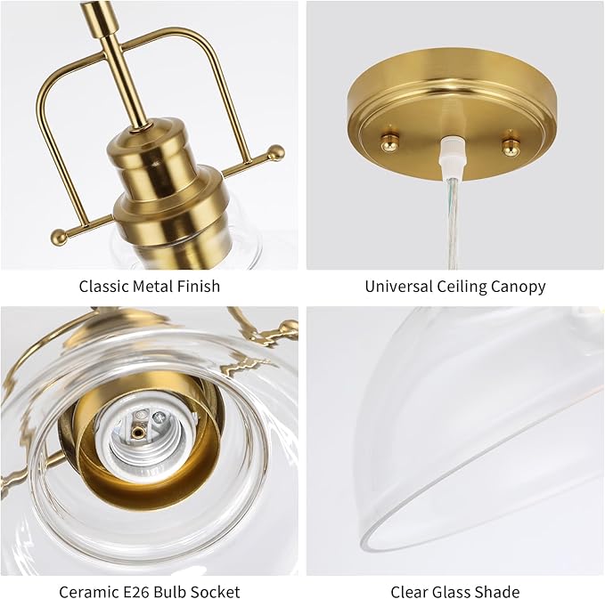 WILON Brass Gold Pendant Light Fixture, Modern Kitchen Pendant Lighting Over Island, Industrial Glass Pendant Light Over The Sink, Vintage Light for Dining Room Over Table Entry Foyer Bar