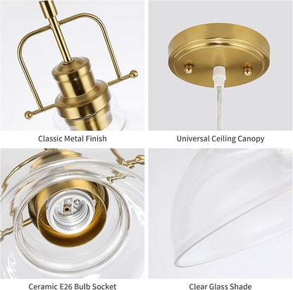 WILON Brass Gold Pendant Light Fixture, Modern Kitchen Pendant Lighting Over Island, Industrial Glass Pendant Light Over The Sink, Vintage Light for Dining Room Over Table Entry Foyer Bar