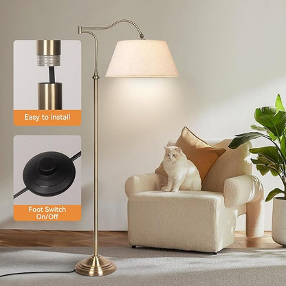 Swing Arm Floor Lamp, Brass Floor Lamps for Living Room with 180° Adjustable Cantilever, Beige Linen Lampshade, Mid Century Floor Lamp for Bedroom Office Home Nursery Study Room Hotel(Bronze)