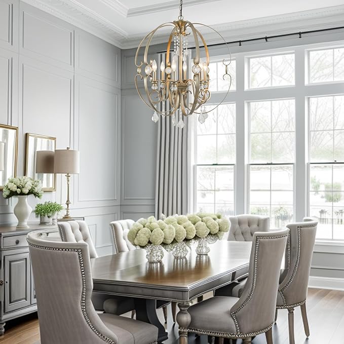 Sphere Crystal Chandeliers for Dining Room Light Fixture, 6-Light 26 Inch Antique Silver Vintage Bronze Chandelier for Kitchen Island, Living Room, Foyer, Staircase, Entry, Villa