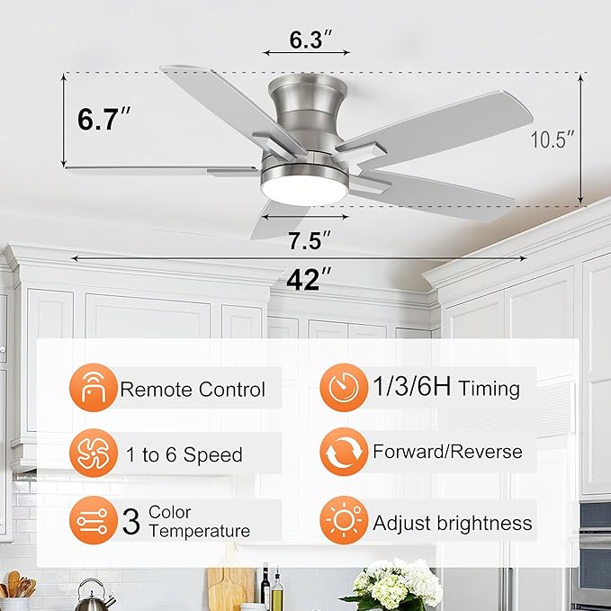 42 Inch Flush Mount Brushed Nickel Ceiling Fan with Light and Remote Control.Noiseless,Dimmable,3CCT,6 Speeds Reversible, Low Profile DC Ceiling Fans for Indoor or Covered Outdoor Use,ETL Listed