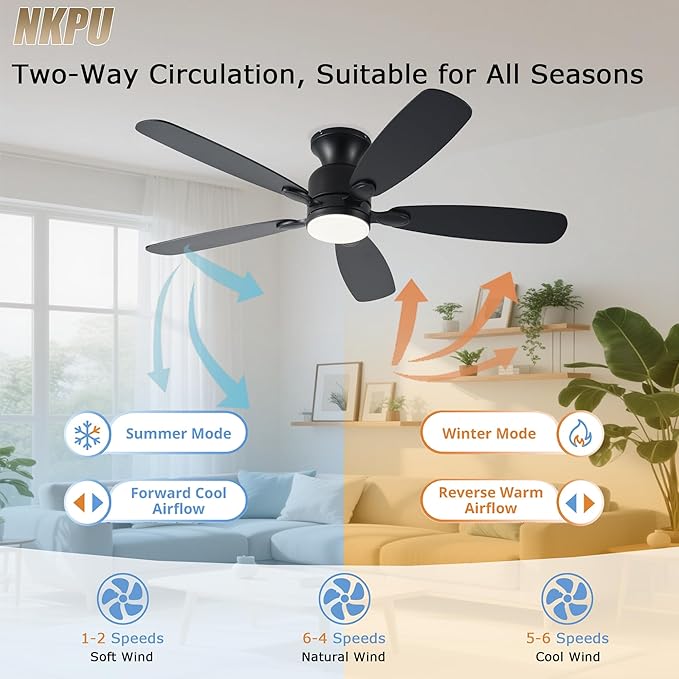 NKPU 52inch Black Ceiling Fans with Lights, Low Profile Ceiling Fan with Light and Remote/APP Control, Reversible DC Motor, Noiseless, Dimmable, Flush Mount Ceiling Fan for Bedroom Living Room Patios