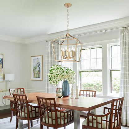 MELUCEE 16-inch Wide Farmhouse Chandelier Gold, 6-Light Vintage Openwork Cage Pendant Lighting Lantern Hanging Ceiling Light, Ideal for Kitchen Island Dining Areas Foyer, E12 Base