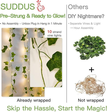suddus 300 LED Vines with Lights Plug in, 9.8ft x 9.8ft Fairy Lights with Vines, Ivy Curtain Lights for Wall, Bedroom, Dorm, Wedding, Party, Indoor, Outdoor Decor(Warm White)