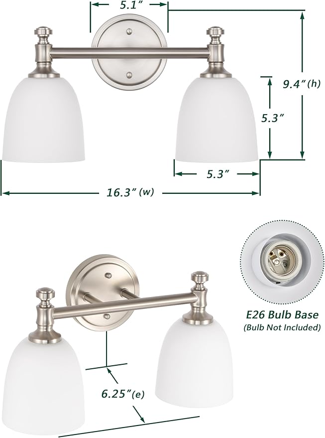 Bathroom Light Fixtures, Brushed Nickel 2-Light Bathroom Vanity Light Fixtures Over Mirror, Vintage Vanity Lights for Bathroom Living Room, Milk White Glass Shades , Standard E26 Base, Brushed Nickel