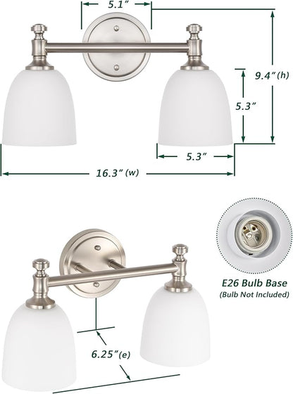 Bathroom Light Fixtures, Brushed Nickel 2-Light Bathroom Vanity Light Fixtures Over Mirror, Vintage Vanity Lights for Bathroom Living Room, Milk White Glass Shades , Standard E26 Base, Brushed Nickel