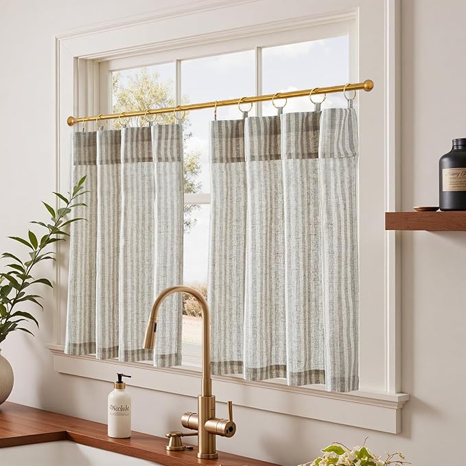 jinchan Striped Linen Kitchen Curtains with Attached Valance 36 Inch Length Cafe Tier Curtains for Living Room Rustic Half Window Light Filtering Rod Pocket Small Drapes 2 Panels Taupe Grey