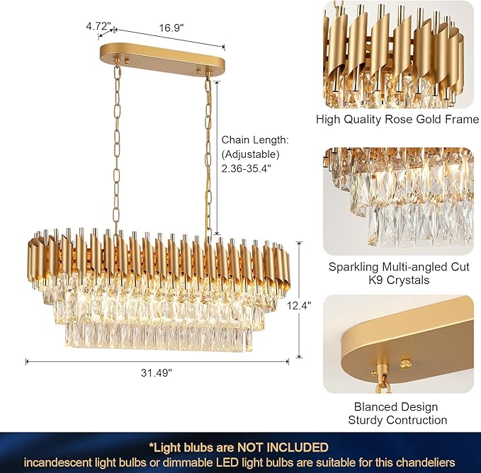 A AXILIXI Modern Rectangular Chandelier Gold Crystal Chandeliers for Dining Room 8-Light Linear Ceiling Pendant Light Long 32” Luxury Oval Chandelier for Kitchen Island Living Room