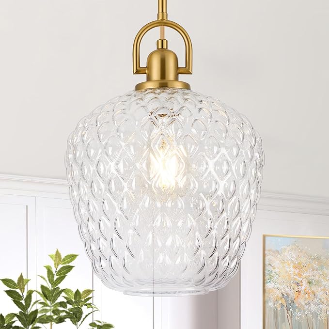 Brushed Gold Pendant Lights Kitchen Island, 10" Large Glass Pendant Light with Hammered Glass, Modern Hanging Lighting Fixtures for Kitchen Island Dining Room Entryway Foyer