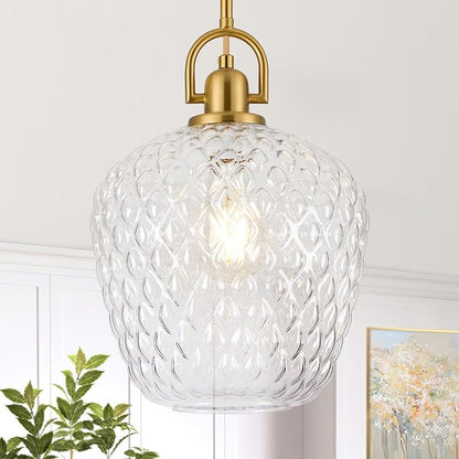 Brushed Gold Pendant Lights Kitchen Island, 10" Large Glass Pendant Light with Hammered Glass, Modern Hanging Lighting Fixtures for Kitchen Island Dining Room Entryway Foyer
