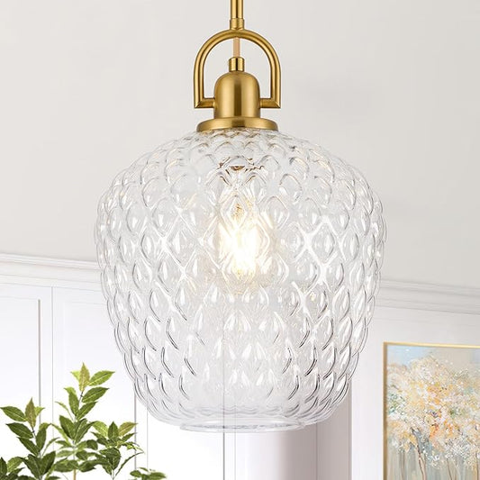 Brushed Gold Pendant Lights Kitchen Island, 10" Large Glass Pendant Light with Hammered Glass, Modern Hanging Lighting Fixtures for Kitchen Island Dining Room Entryway Foyer
