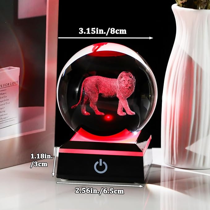 Arikyrist 3D Lion Figurine Crystal Ball with LED Base Laser Lion Gifts for Men Women on Christmas Birthday Decorative Lion Statue Ball Glass Animals Globe Night Light for Home Decor (80mm)