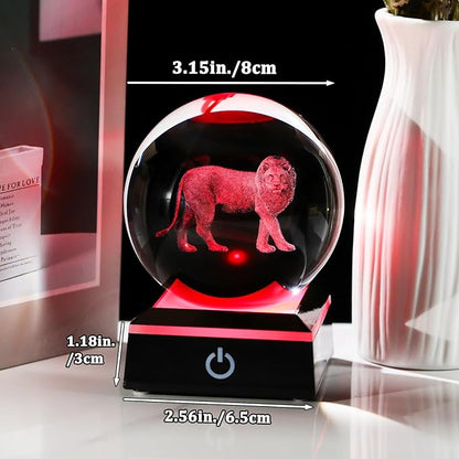 Arikyrist 3D Lion Figurine Crystal Ball with LED Base Laser Lion Gifts for Men Women on Christmas Birthday Decorative Lion Statue Ball Glass Animals Globe Night Light for Home Decor (80mm)