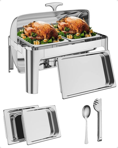 Takywep 9QT Rectangular Roll Top Chafing Dish Buffet Set,Catering Food Warmer with 1 Full Size & 2 Half-Size Pans for Parties Catering