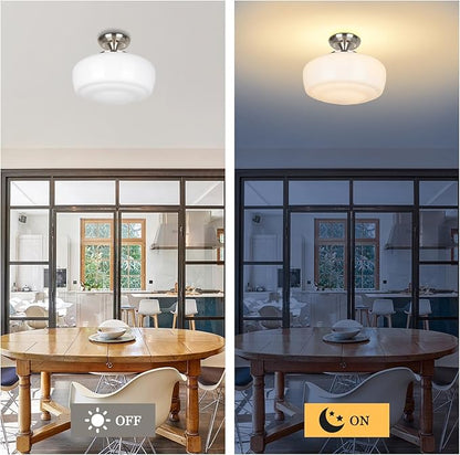 Large Schoolhouse Style Semi Flush Mount Ceiling Light Fixture, 14" Modern Hallway Ceiling Lamp with Opal Milk Glass Shade, Farmhouse Globe Light for Bedroom Kitchen Hallway Entryway, ROS588L SN