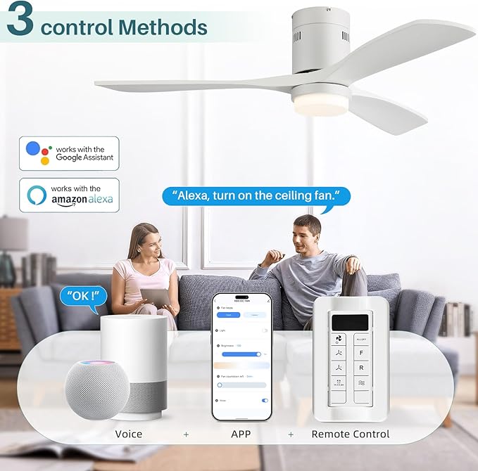 CACI Mall 52” Smart Low Profile Ceiling Fans with Lights Remote, White, 3 Wood Blades, Modern, Compatible with Alexa/Google/App, for Bedroom/Farmhouse/Patio
